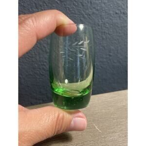 Green Etched Shot Glass Heavy Base Wheat Pattern Cordial Barware 2oz